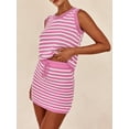 thumbnail image 4 of Yunliwuli Women Summer Knit Skirts Outfits Stripe Round Neck Sleeveless Knit Tank Tops Drawstring Mini Skirts 2 Pieces Clothes Set, 4 of 5