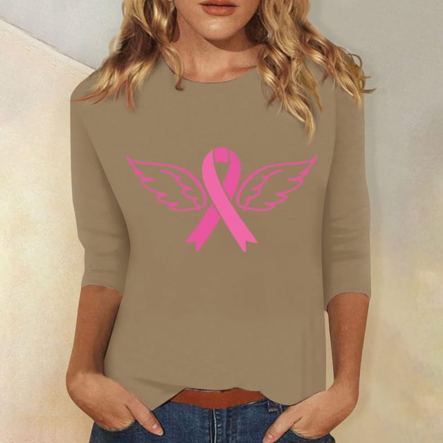 Jsaierl Hauts Graphiques Ruban Rose pour Femmes T-Shirts Cancer du Sein Manches 3/4 Col Rond Pull Lutte contre le Cancer Blouses d'Octobre