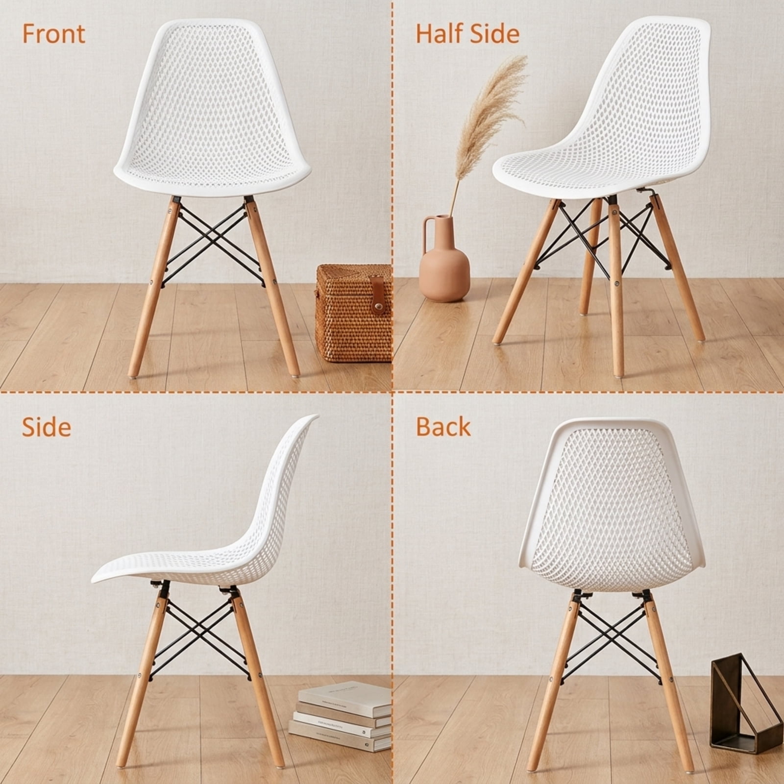 Furnibear 4 Pieces Modern Plastic Hollow Chair Set with Wood Leg for Kitchen Dining Room Living Room Home, White