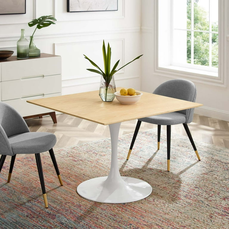 40 inch Dining Table Square Natural Brown White Wood Metal Steel Modern Contemporary Mid Century Kitchen Room Cafe Bistro Restaurant Hospitality