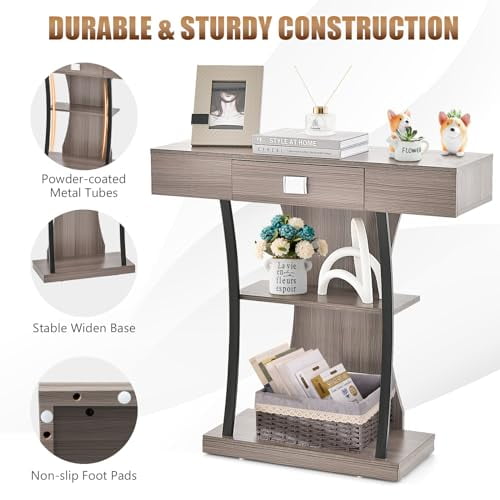 GOFLAME 3-Tier Console Table with Shelves, Wooden Entryway Table with Anti-toppling Device & Supporting Metal Tubes, Industrial Narrow Sofa Table for Entryway Hallway Living Room (Gray)