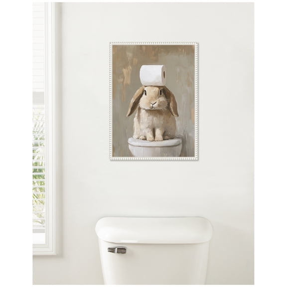 Kate and Laurel Toilet Paper Roll on Cute Bunny Head Bathroom Art Framed Canvas Wall Art by The Creative Bunch Studio 18 x 24 Sylvie Beaded White, Whimsical, Animals, Bathroom Art for Wall Decor