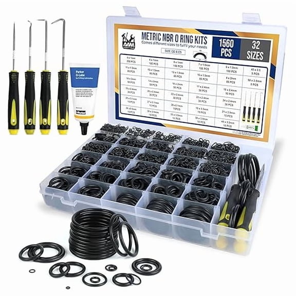 O Ring Kit - 1560 Pcs 32 Size - Nitrile Rubber O Rings Assortment Kit   4 Hook Set & Grease Tube – for Automotive, Plumbing, Pressure Washer, Air or Gas Sealing Connections (O Rings 1560 Pcs)