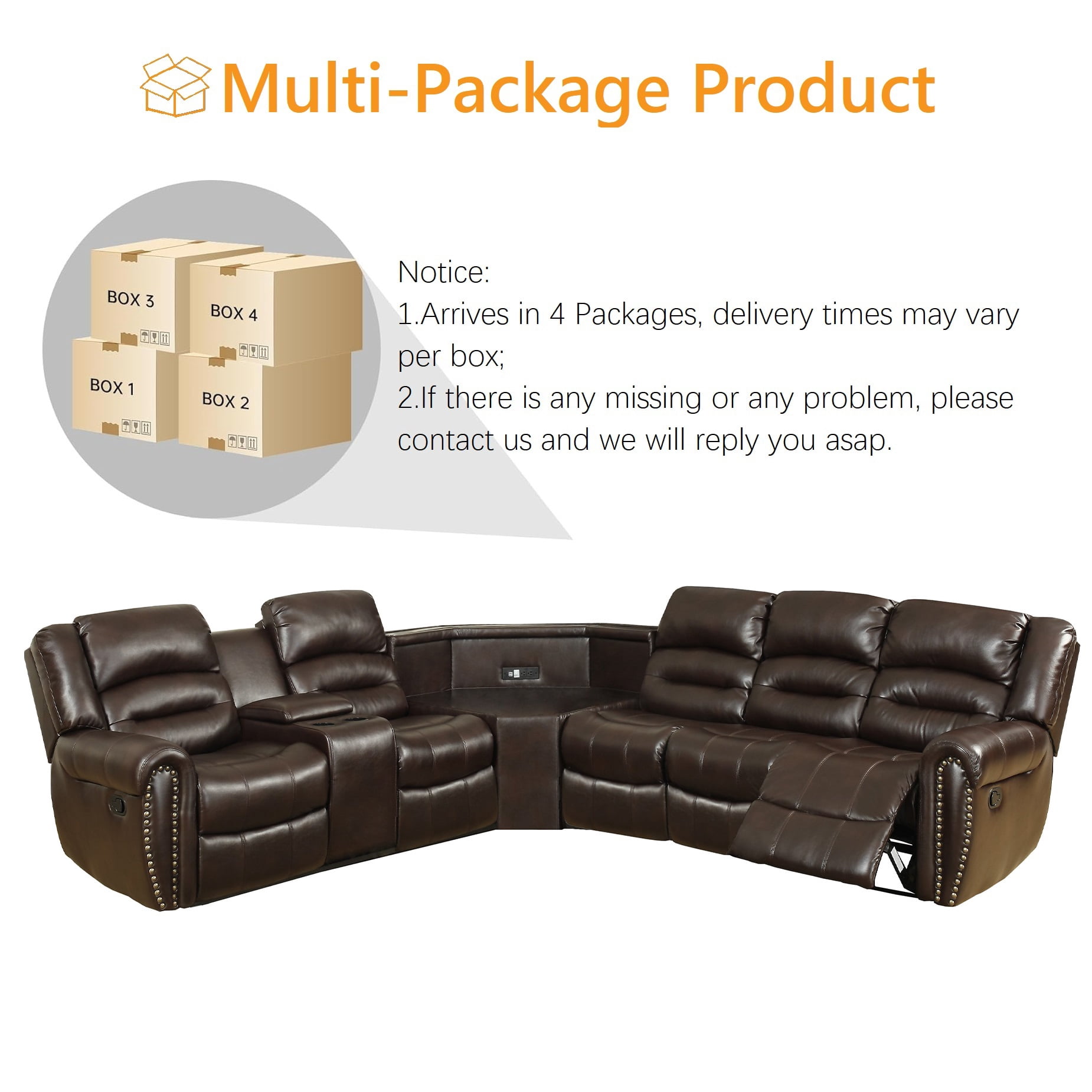 Nathaniel Home Sofa Set with Storage and Cup Holders, Living Room Reclining Couch, PU Leather Love Seat 5 Seater Theater Seating Brown