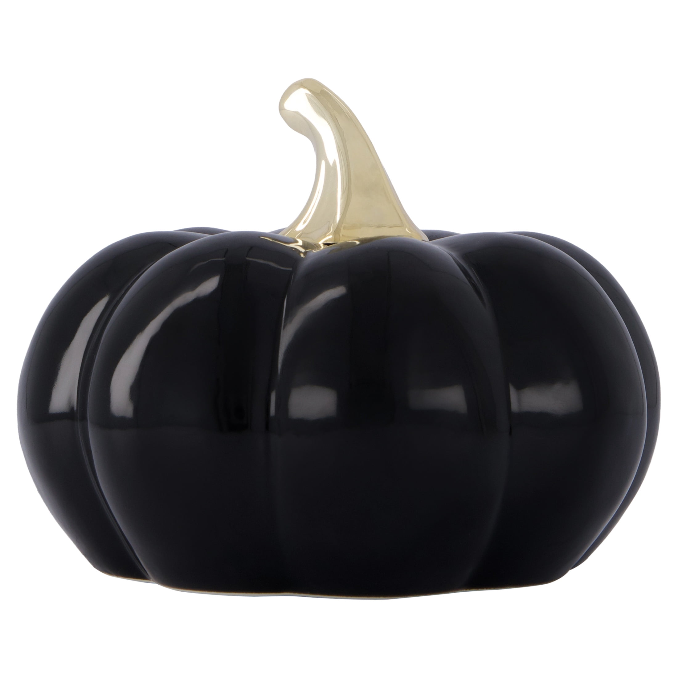 My Texas House Halloween Small Stoneware Spiderweb Pumpkin Tabletop Decoration, Black and Gold, 5"