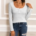 thumbnail image 4 of vigerkar Women's Striped Henley Shirts Scoop Neck Button Front Long Sleeve Tee Fitted Tops (Grey, XL), 4 of 5
