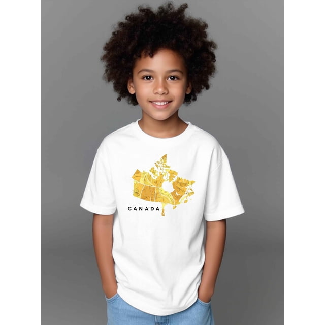 Cute Printed Short-Sleeved T-Shirt Featuring a Canada Map, Perfect for Boys. This Casual Summer Top Has a Round Neck And Is Versatile for American Fashion.