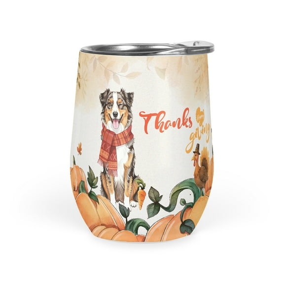 Happy Thanksgiving Australian Shepherd with Turkey Pumpkins Autumn Vibes 12oz Stainless Steel Wine Tumbler Insulated Cup with Lid Aussie Dog Lover Gifts - 12018