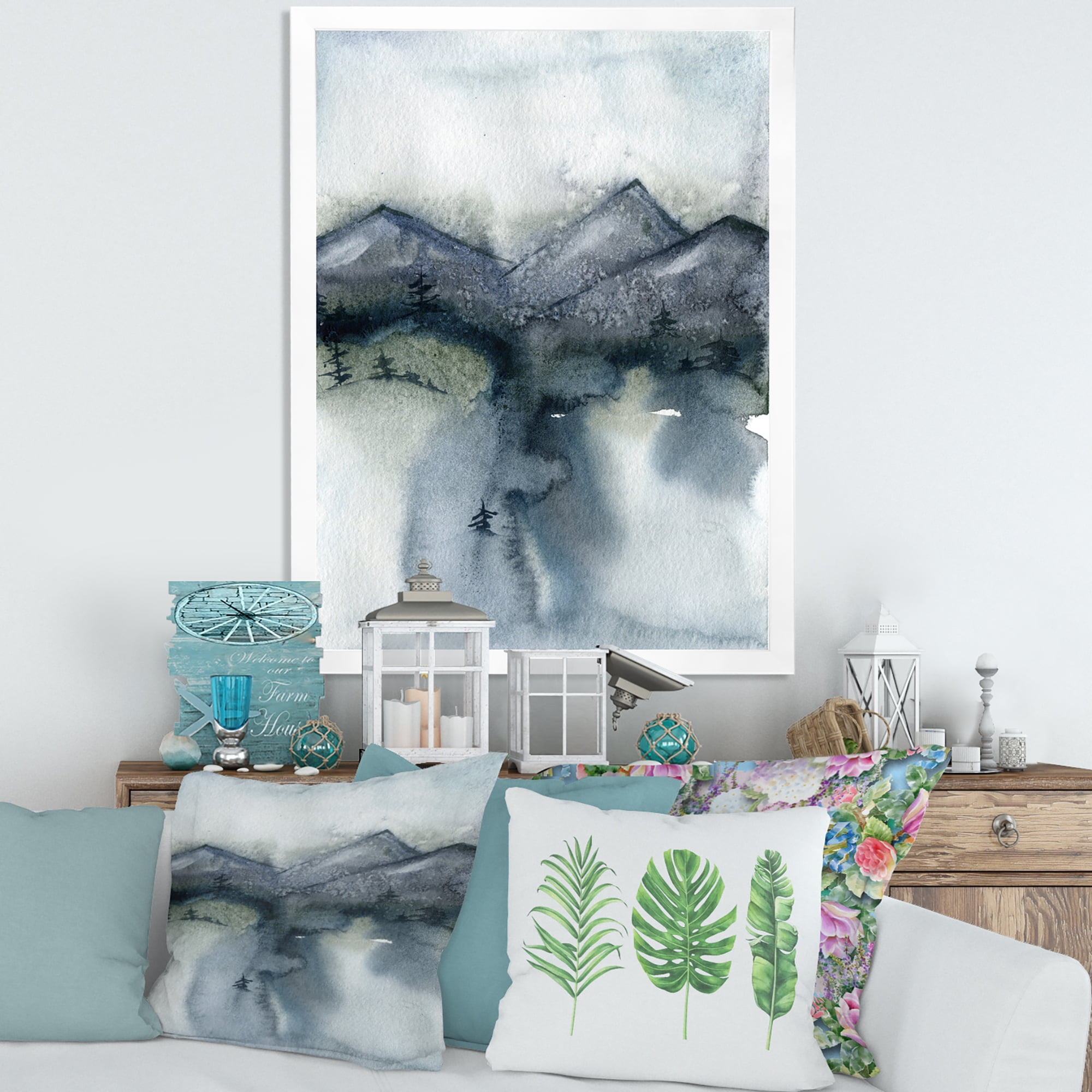 Designart 'Minimalistic Landscape of Mountains Snow and Trees' Modern Framed Art Print