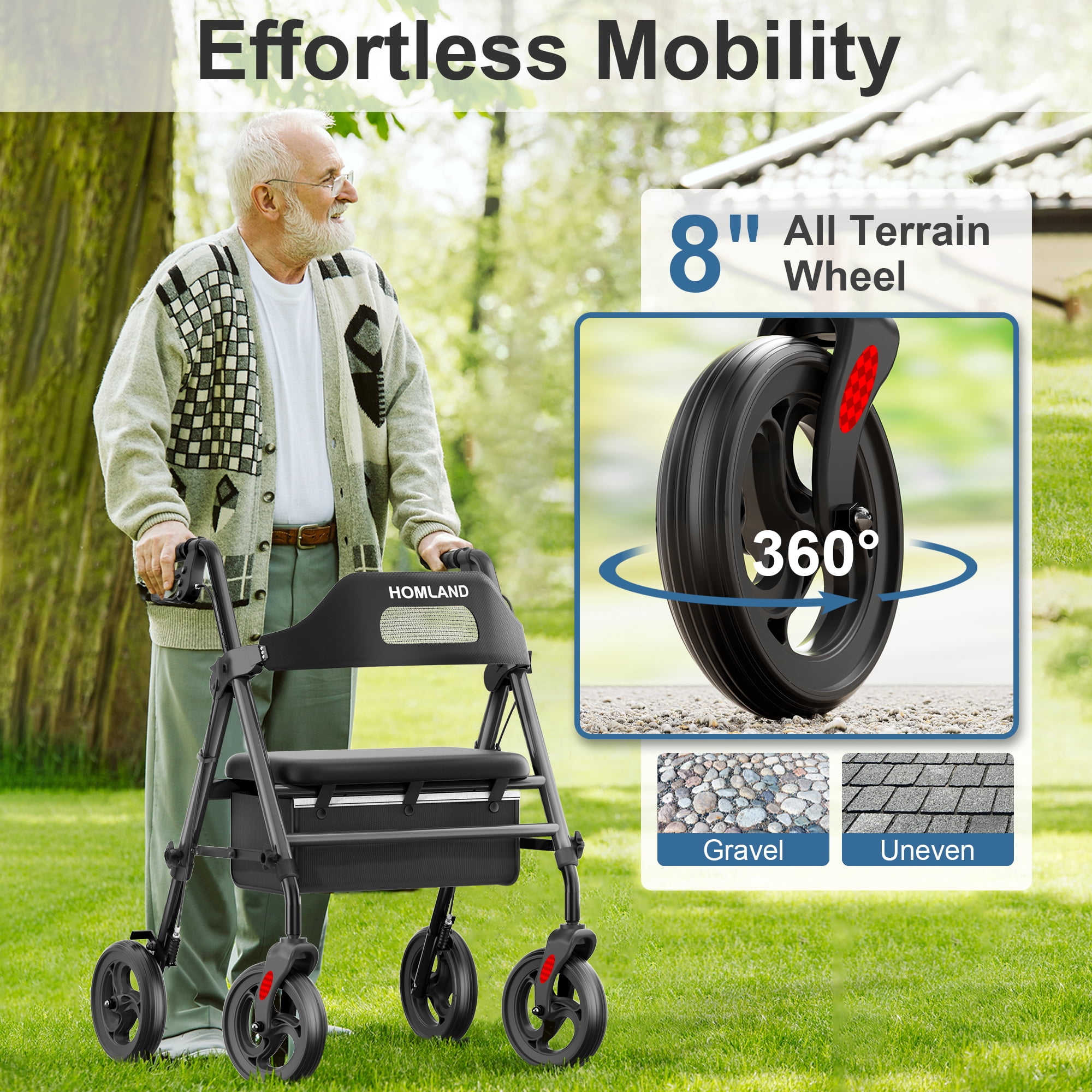 HOMLAND Foldable Rollator Walkers with Seat for Seniors, 8'' Big Wheels, 350 lb. Weight Capacity, Adjustable Handles and Seat Height, Lightweight Rolling Walker, Black