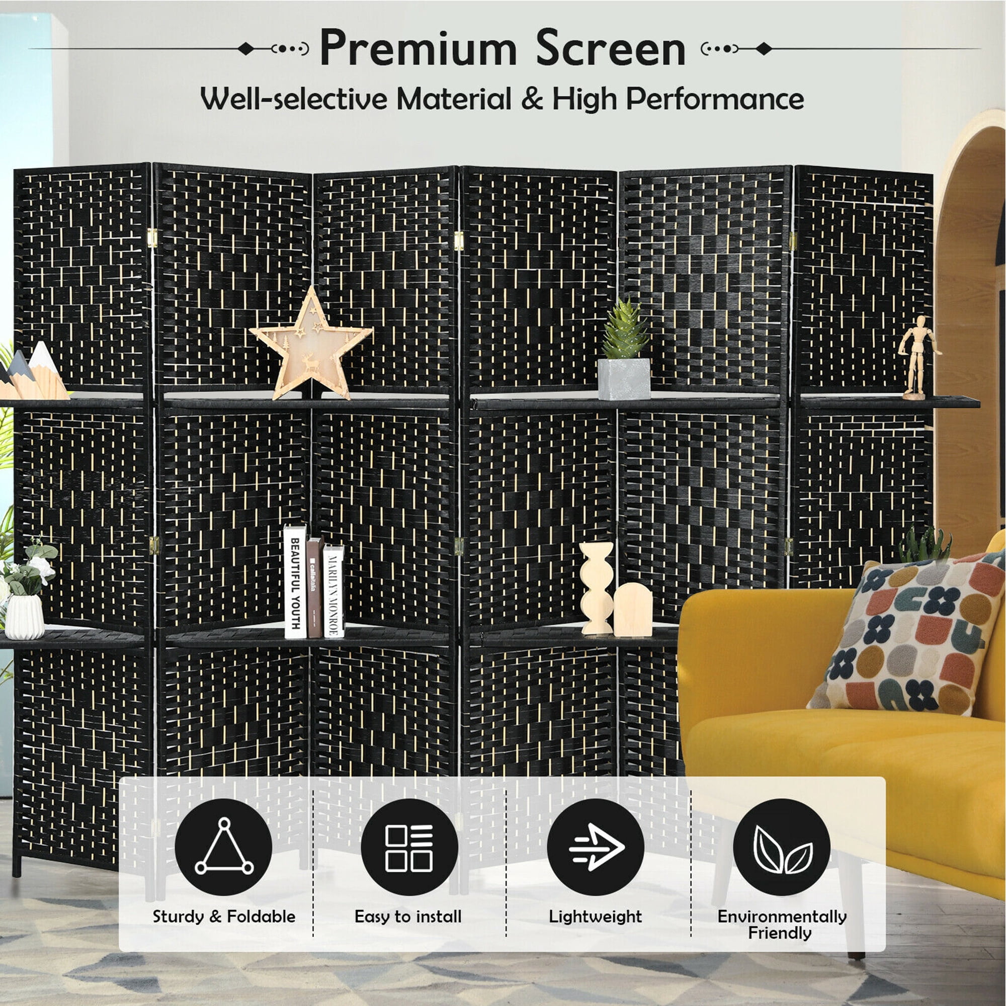 Gymax 6 Panel Folding Room Divider 6Ft Weave Fiber Privacy Screen W/ 2 Display Shelves Black