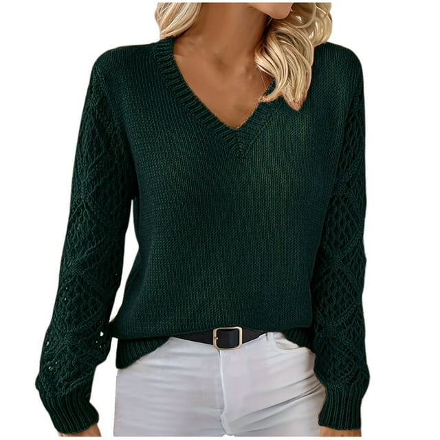 Hvobtty Chandail Décontracté à Manches Longues Col en V pour Femmes, Mode Décontractée d'Hiver pour Femmes, Tricot à Manches Longues avec Crochets