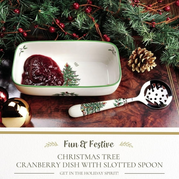 Tree Sauce Dish with Slotted Spoon - Rectangular Holiday Server for Entertaining