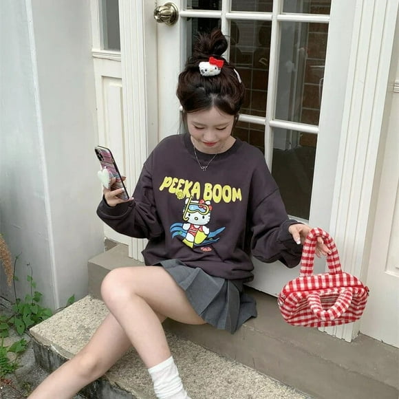Sanrio Hello Kiity Long Sleeve Round Neck Pullovers Women New Fashion Tops Cotton Cartoon Harajuku Korean Sweatshirt Y2k Clothes