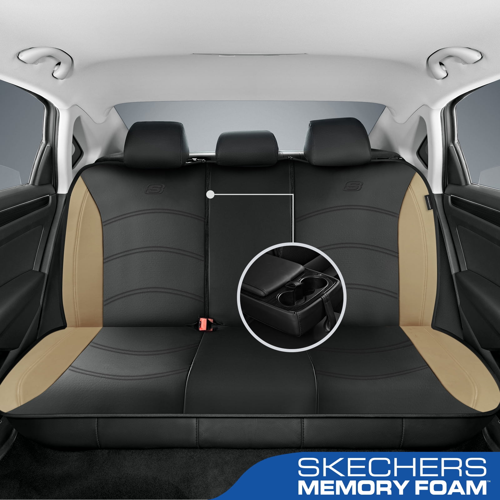 Skechers Lycra Memory Foam Car Seat Covers,Soft,Comfortable,Universal Fit for Cars,Trucks and SUVs Beige Full Set