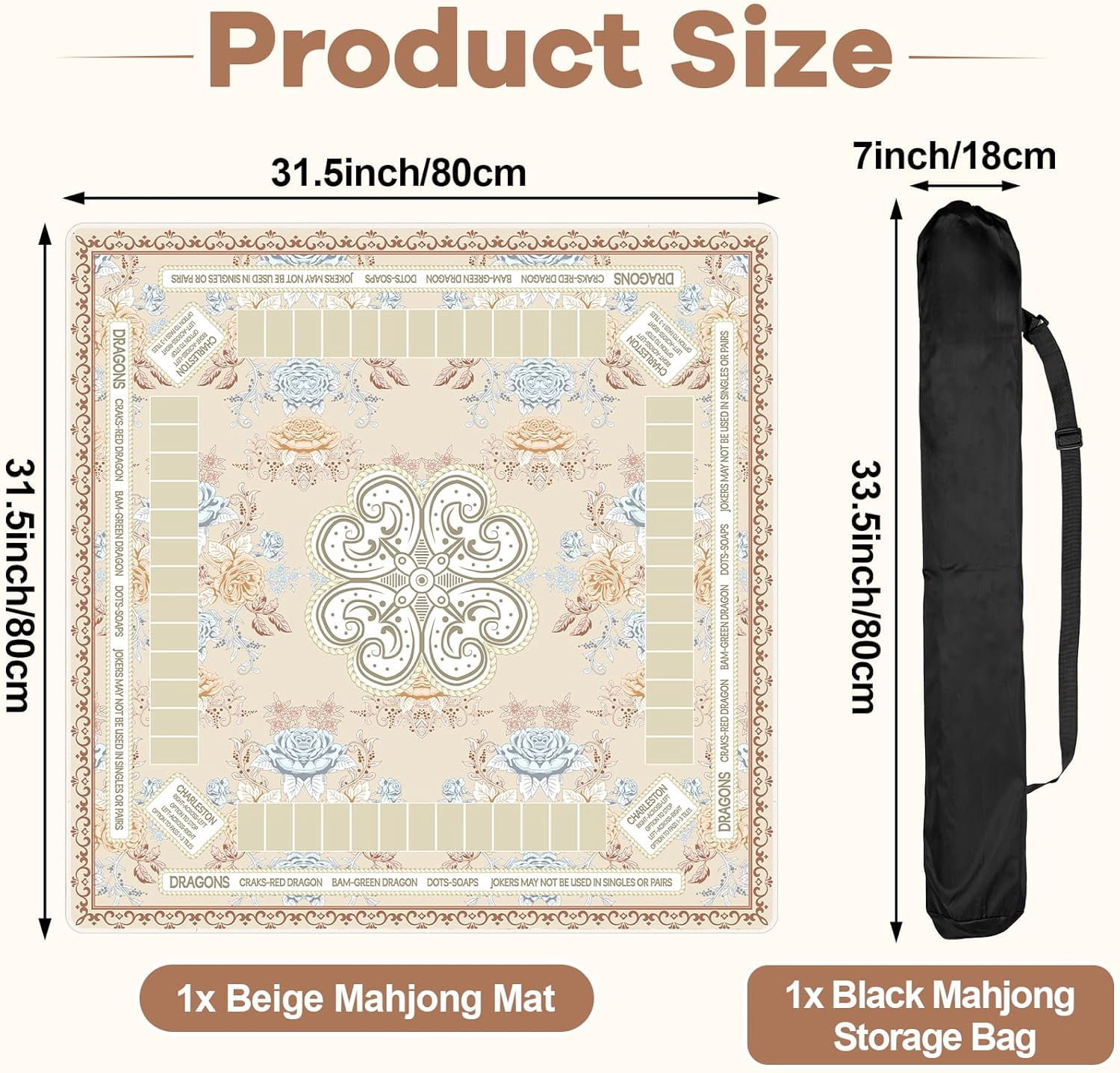 Chinoiserie Mahjong Mat with Black Carrying Bag 31.5 x 31.5 in Multi Purpose Game Table Cover Anti Slip and Noise Reduction for Mahjong Poker Board Card Dominoes Games(Beige)