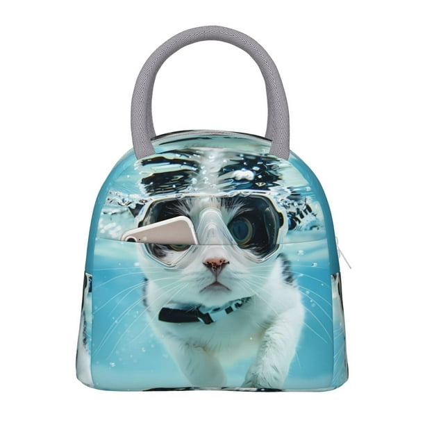 Fotbe Swimming Cat Goggles Bolsa de Almuerzo con Estampado, Lonchera Aislada, Contenedor de Comida Reutilizable Tipo Cooler a Prueba de Fugas