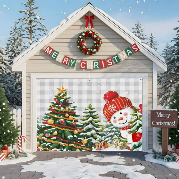 Fsddascl 7 x 8 Ft Christmas Garage Door Cover, Grey Plaid Snowman Christmas Large Garage Door Banner, Xmas Tree Snowflake Hanging Garage Mural Background for Indoor Outdoor Xmas Party Supplies