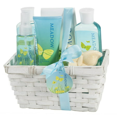Bath, Body, and Spa Gift Set for Women, in Fresh Meadow Fragrance, Includes a Shower Gel, Bubble Bath, Bath Salt, Body Lotion, Body Spray, and Butterfly Shaped Bathbomb, with Shea Butter and Vitamin