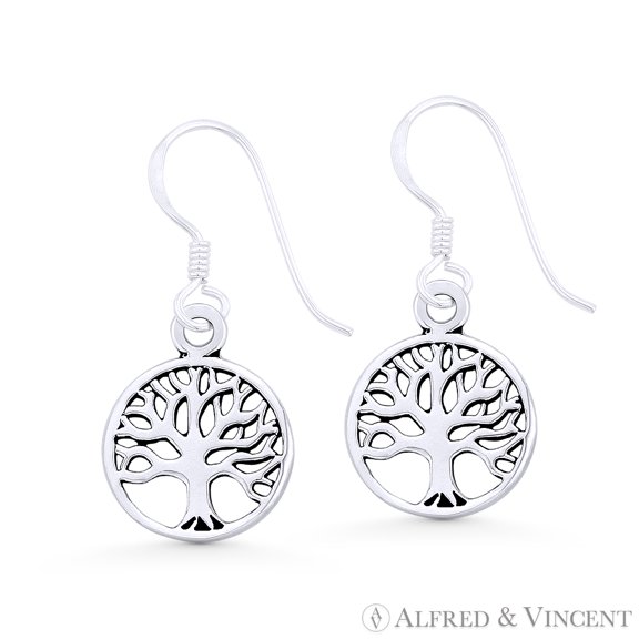 Tree-of-Life Religious Charm Dangling Hook Earrings in .925 Sterling Silver