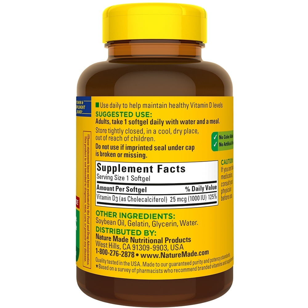 Nature Made Vitamin D3 1000 IU (25 mcg) Softgel, Dietary Supplement for Bone, Teeth, Muscle and Immune Health Support, 300 Day Supply,300 Count (Pack of 1)