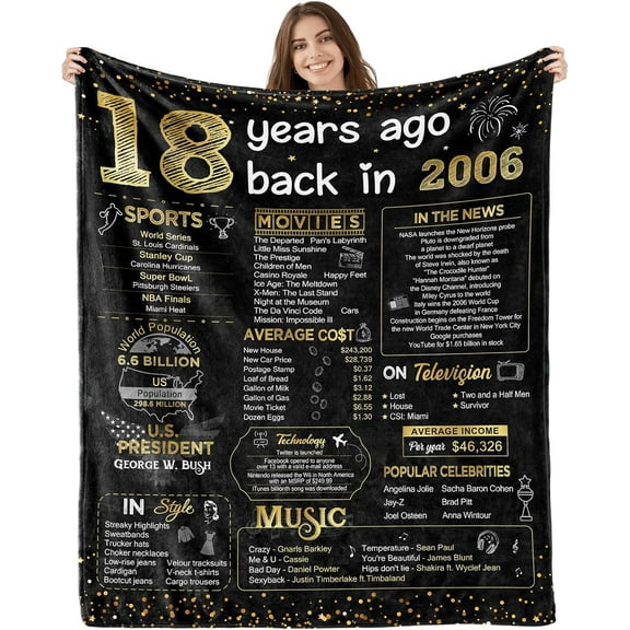 18th Birthday Decorations for Girls Boys Happy Birthday Gifts for 18 Year Old Girls Boys Teen Girls Gifts Ideas for Daughter Sons Sister Bestie Soft Throw Blanket Back in 2006-60x50 Inch - Gold