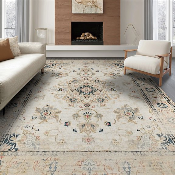ODIKA 8'x10' Washable Area Rug Durable, Non-Slip Neutral Distressed Scroll Border Ornate Vintage Livingroom Playroom for Living Room, Under Sectional, Family
