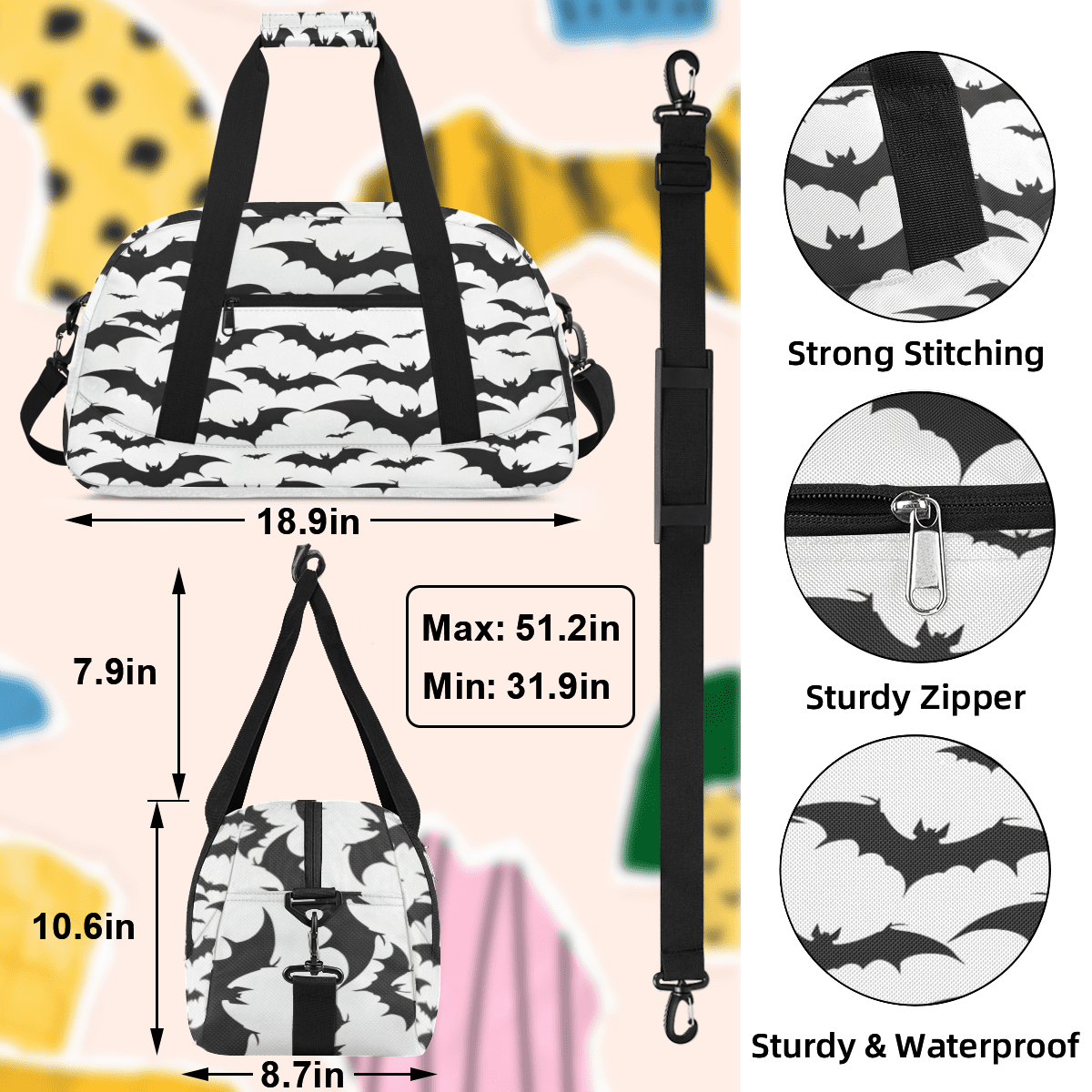 Herdesigns Halloween Bat Sports Duffle Bag for Women & Men, Black and White Bat Gym Bag Dance Bag Overnight Bag Carry On Weekender Travel Bag