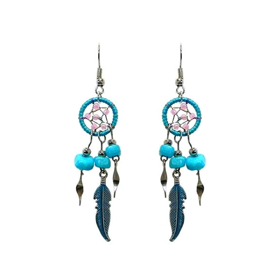 Mini Dream Catcher Long Chip Stone Colored Metal Feather Charm Dangle Earrings - Womens Fashion Handmade Jewelry Boho Accessories