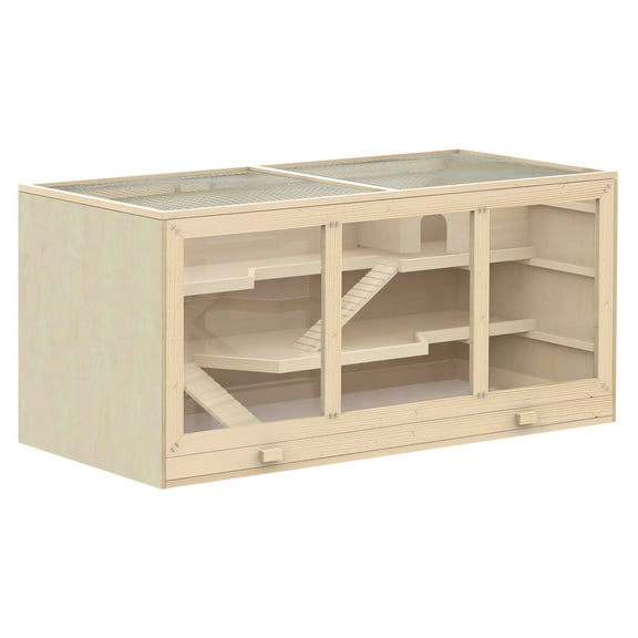 Hamster Cage Extra Large Wooden Habitat, Gerbil Cage with Opening Roof & Ramps - Multi-Level Small Animal Home Natural   Wood