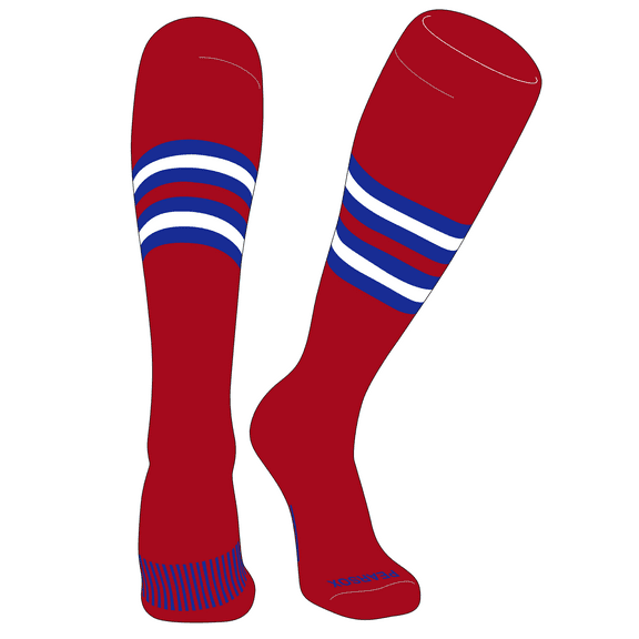 PEAR SOX Striped OTC Baseball, Softball, Football Socks (F) Red, Royal, White (XS)