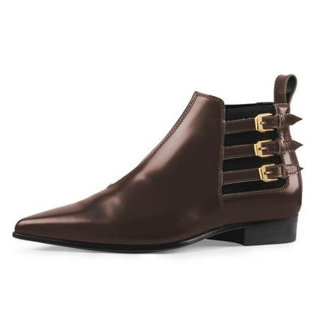 YDN Women Triple Straps Buckle Pointed Toe Flats Ankle Boots Elastic Pull On Low Heel Booties Formal Work Daily Shoes Size 16 Brown