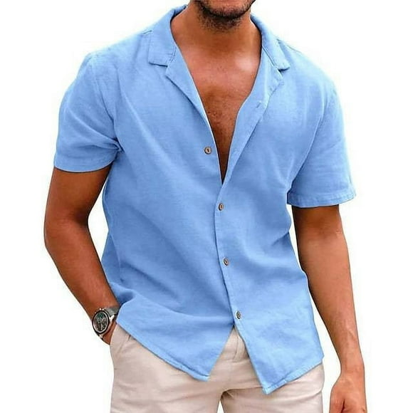 Meichang Mens Lapel Shirts Trendy Solid Cotton Linen Shirts Short Sleeve Button Down Hawaiian Shirt Summer Beach T Shirts Muscle Shirts for Men 2024