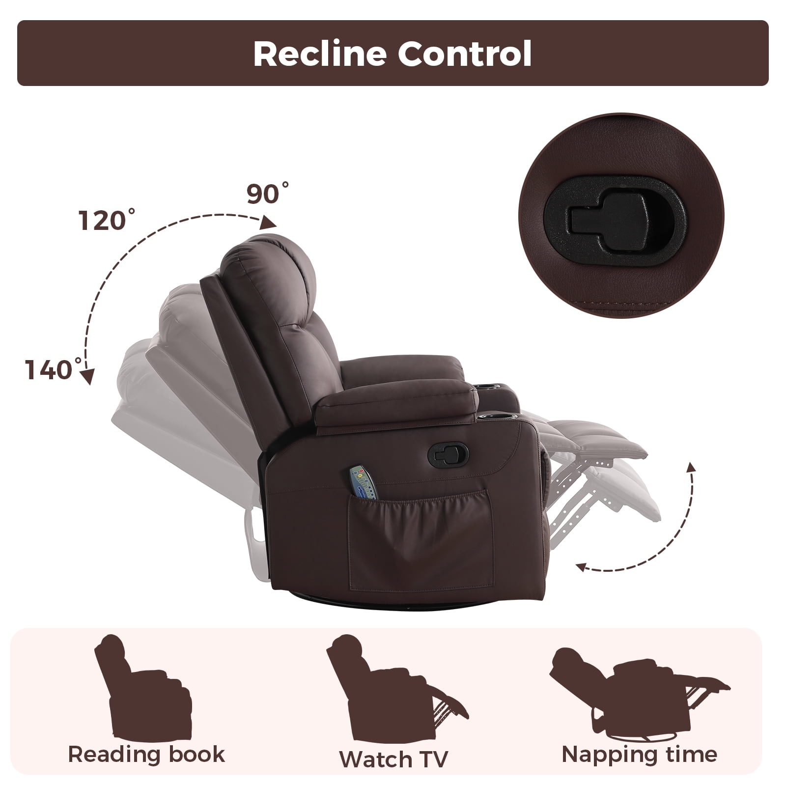 Bonzy Home Rocker Recliner Chair with Swivel Base, Massage & Heat, 2 Cup Holders – Comfortable Recliner for Living Room, Bedroom, Office