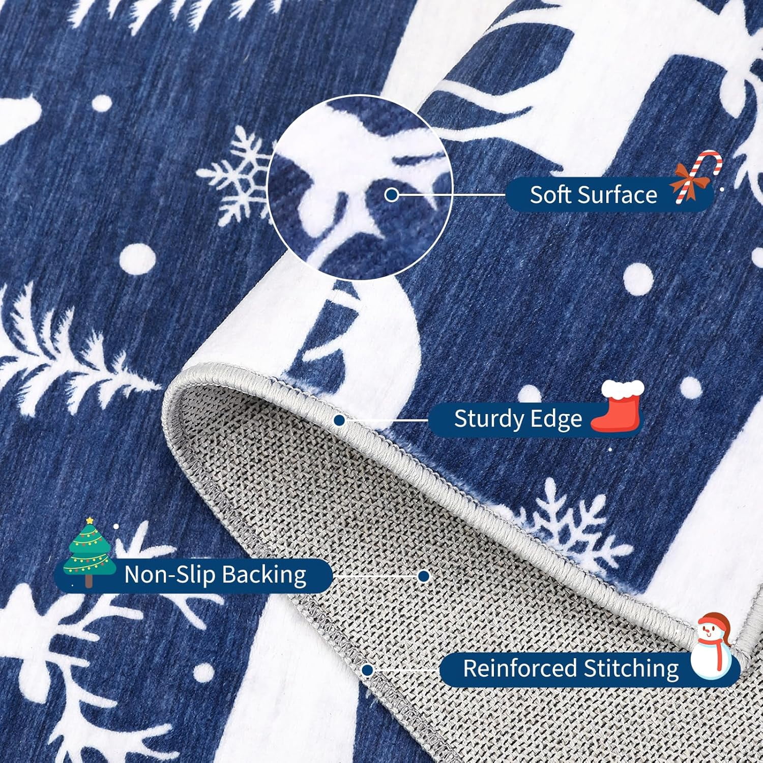 Garvee 8x10 ft Christmas Rug, Washable Non Slip Low Pile Carpet, Xmas Tree Reindeer Snowflake Indoor Rug for Entryway, Kitchen, Living Room, Blue