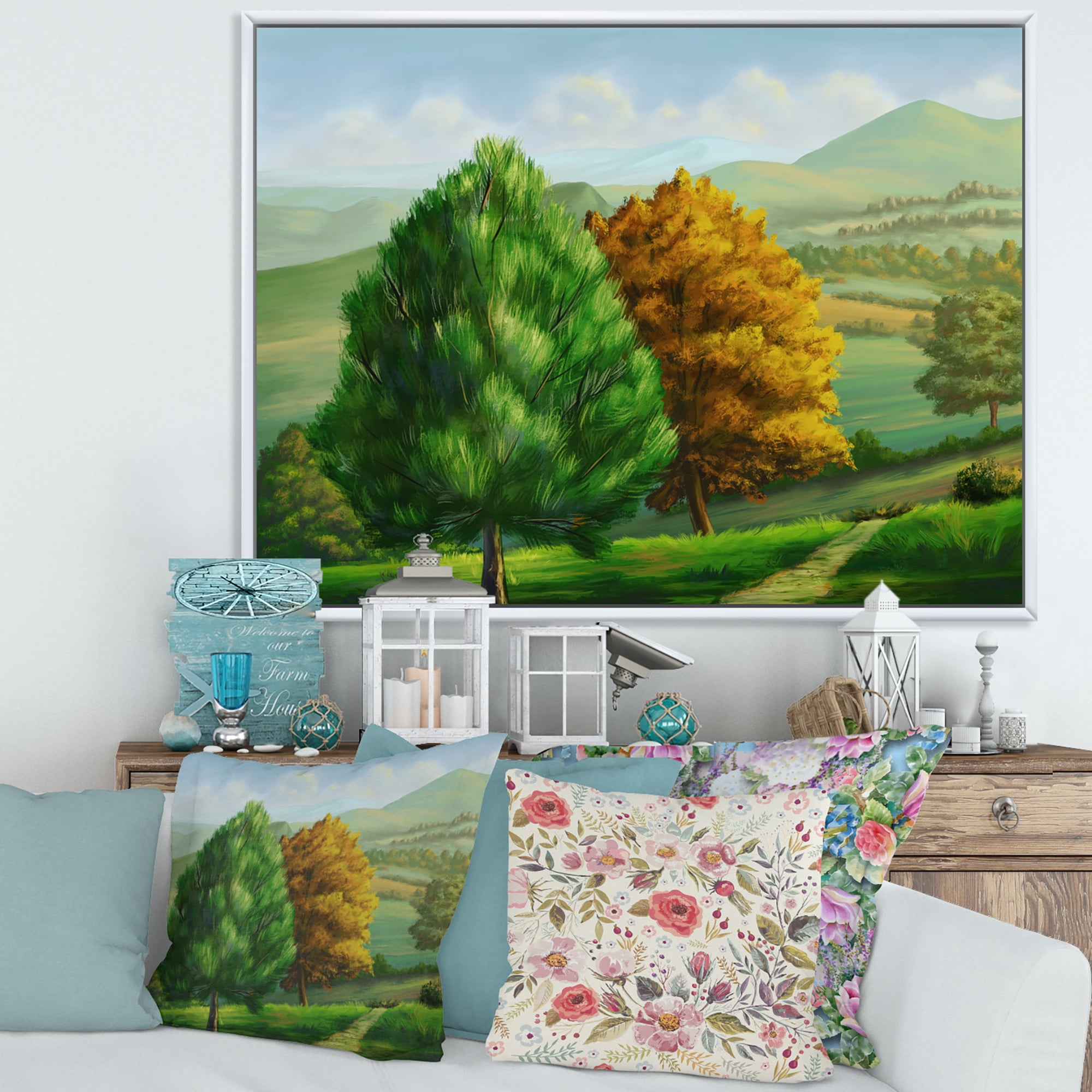Designart 'VIbrant Trees With Country Scenery' Traditional Framed Canvas Wall Art Print