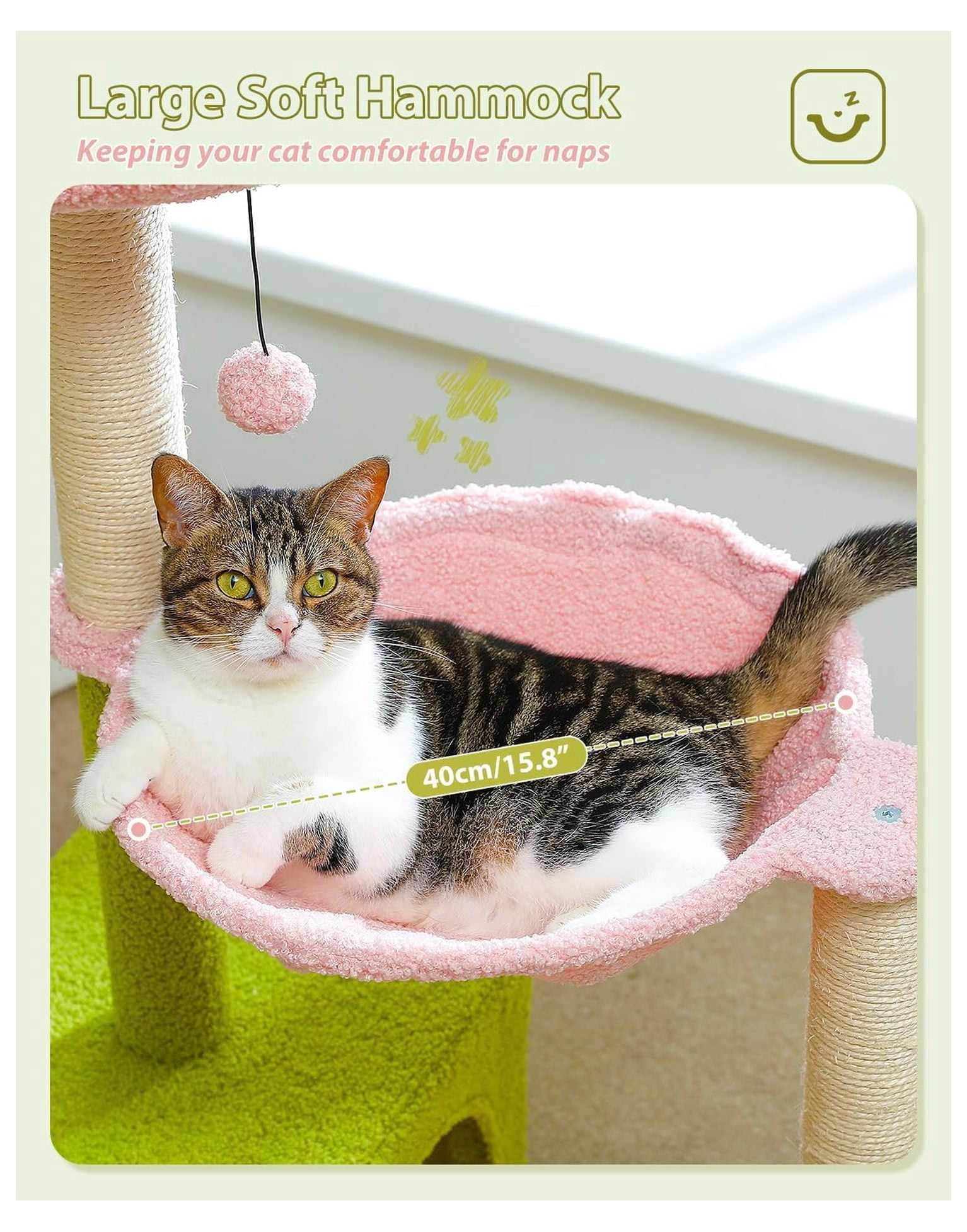 Flower Cat Tree 36.6", Pink Cat Tower with Scratching Posts, Hammock & Condo for Kittens - Large Indoor Cat Tree with Perch & Fluffy Ball