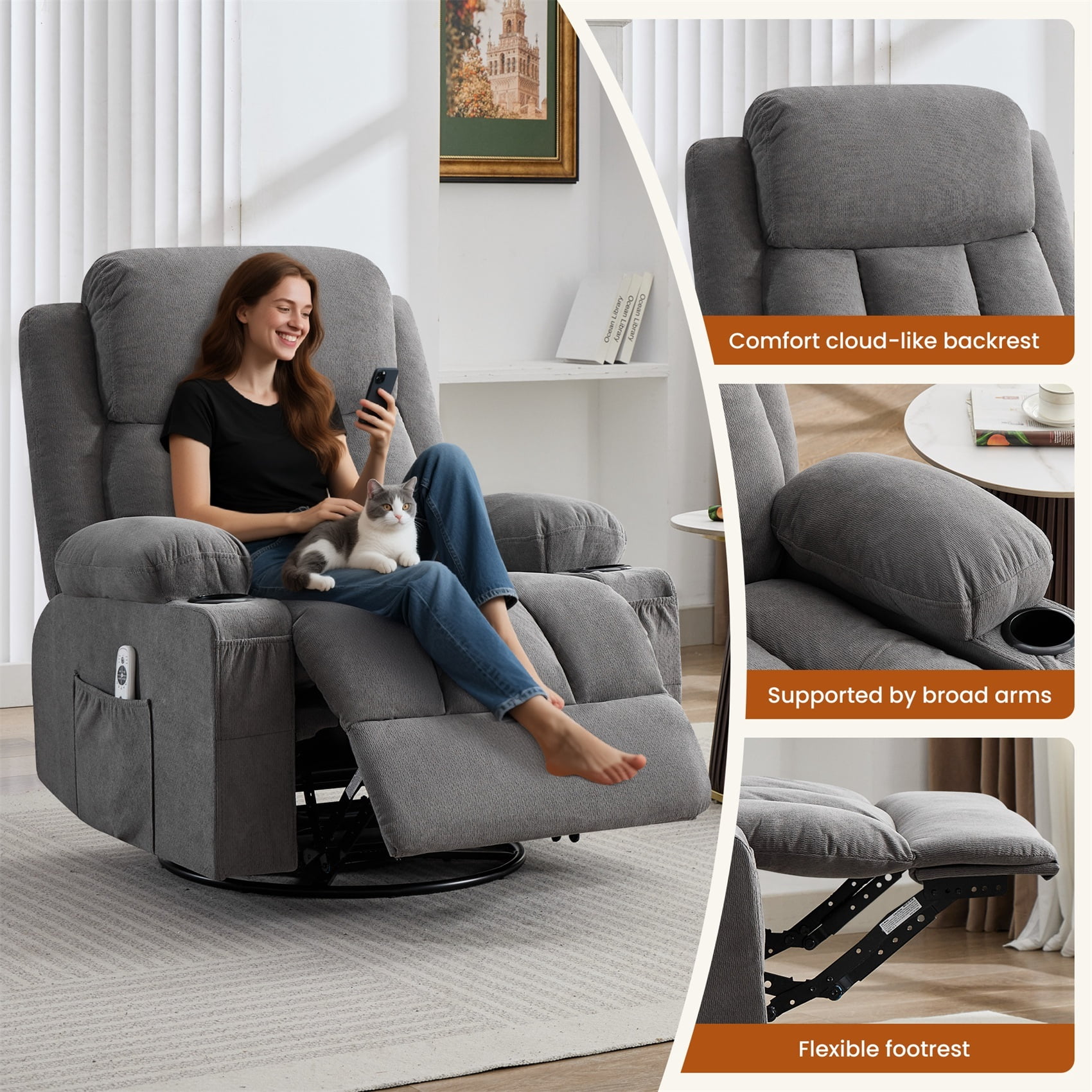 Alvantor Swivel Recliner Chair with Massage & Heat for Adults, Single Rocker Sofa with Cup Holders for Bedroom Home Theater Gray