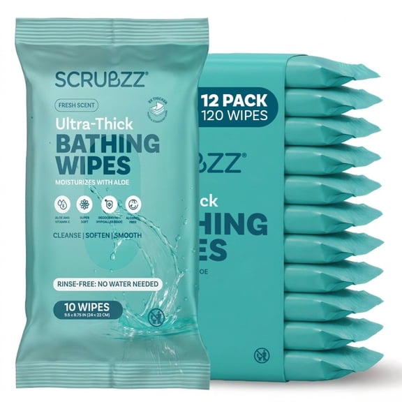 Extra Large Adult Bathing Wipes - Disposable Body Cleansing Wipes for Men, Women & Elderly - Great for Gym, Camping, Post Surgery - No Rinse Shower Bath Wipes - Fresh Scent, 120 Count