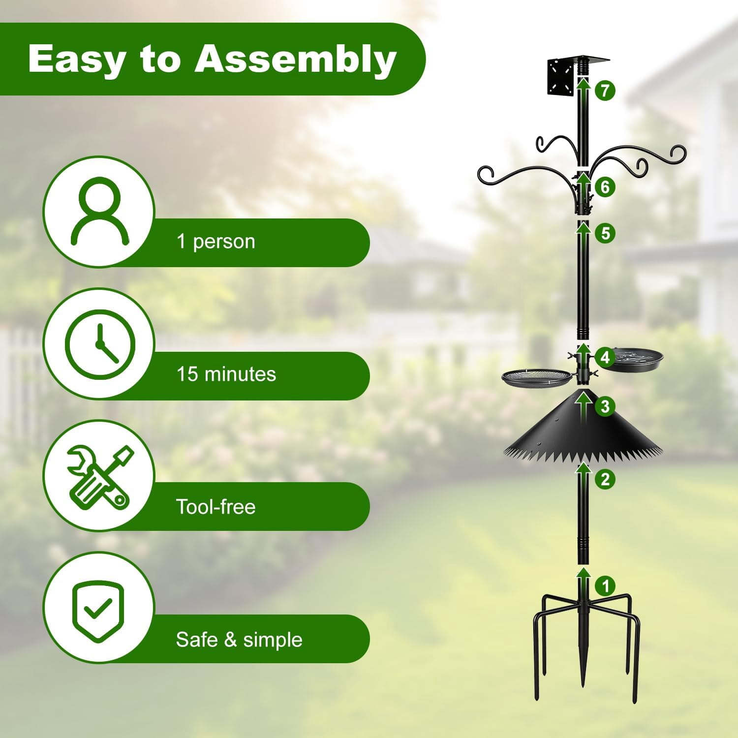 Bird Feeder Pole, Heavy Duty Birdhouse Pole with Spiked Baffle & 2 Tray, Adjustable Wild Bird Feeding Station Hanging Pole for Outdoors, Yard, Garden Decor (Without Birdhouse)