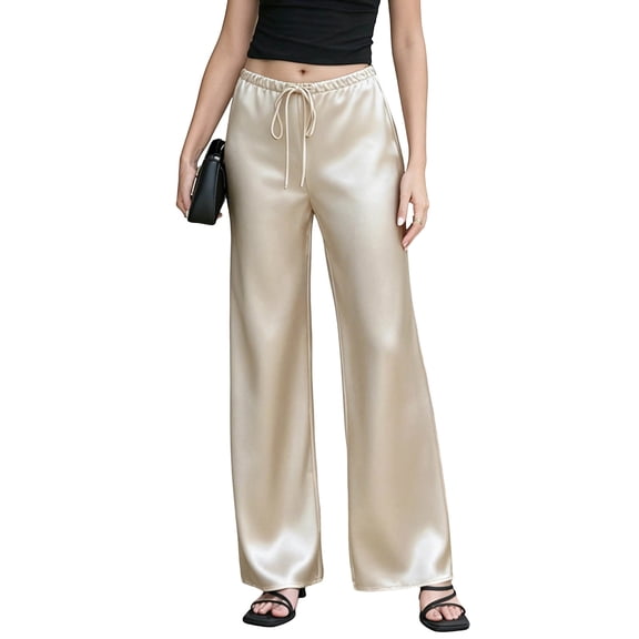 Levmjia Women's Satin Wide Leg Pants High Waisted Lounge Pants with Pockets Adjustable Drawstring Casual Trousers for Evening