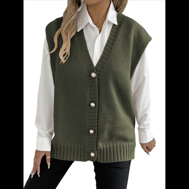 Chaleco de Punto Sin Mangas para Mujer, con Cuello en V, Botones, Informal, Holgado, para Otoño e Invierno. Verde Talla Única