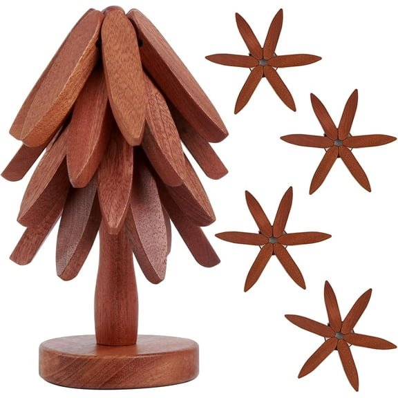 Set of 4 Wooden Trivets Foldable Heat Resistant Pots and Pans Hot Dishes Wooden Mat Kitchen Table Accessories 8" Diameter Tree Shape Trivet Set Coasters (Black Walnut)