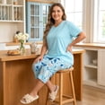 thumbnail image 3 of UNEEI Plus Size Pajamas Set for Women,2 Piece Loungewear Set Floral Sleepwear for Spring Summer Fall,Soft Lightweigh V Neck Short Sleeve Top and Capri Pants, 3XL Light Blue, 3 of 7