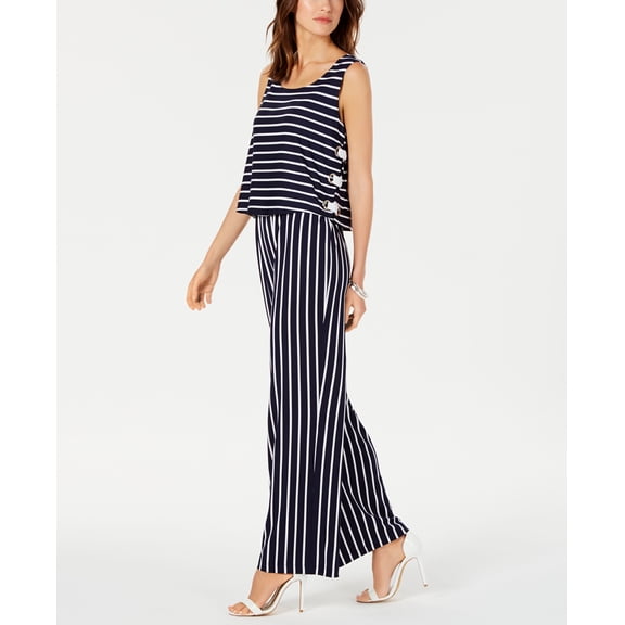 NY Collection Petite Striped Lace Up Jumpsuit Navy Wireless PL