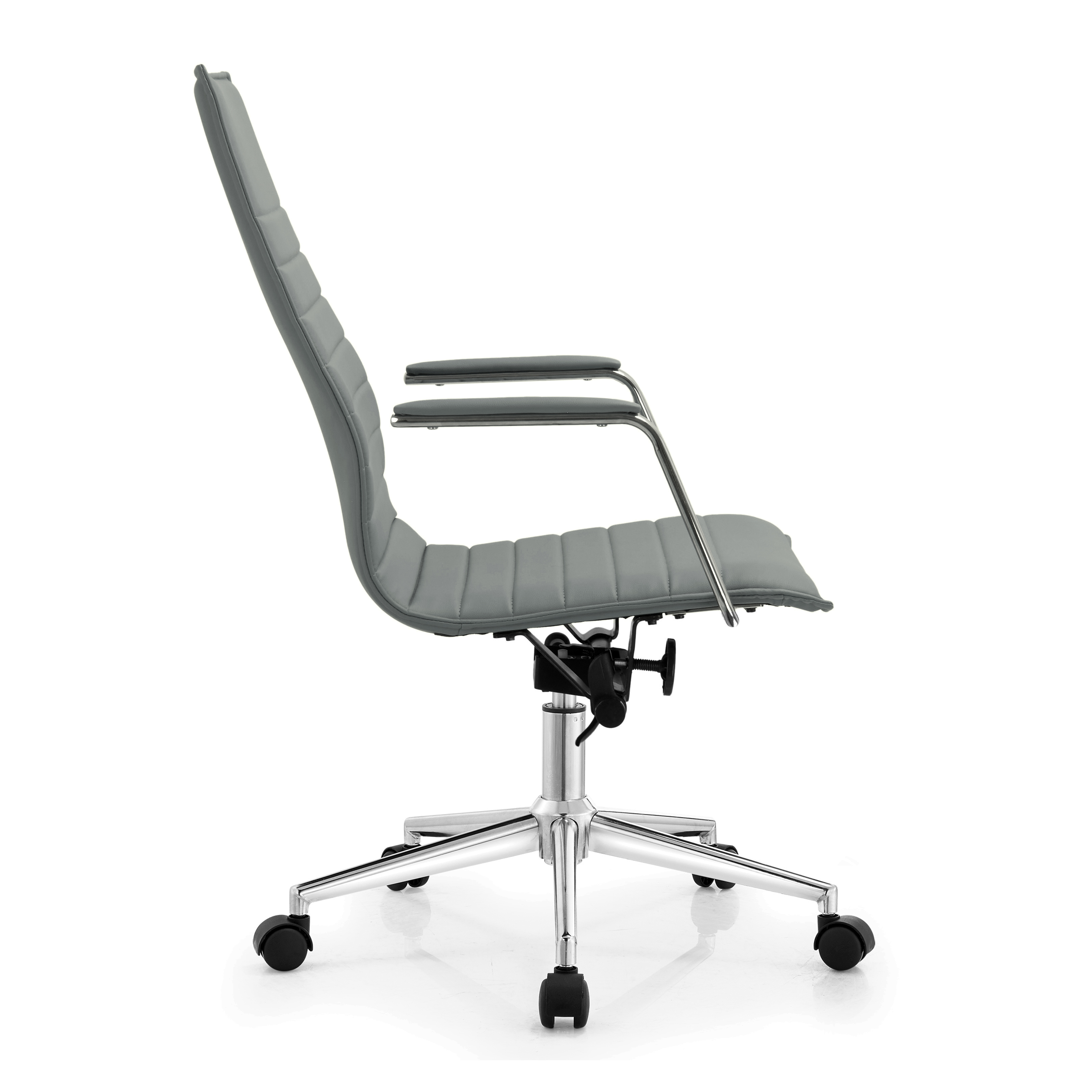 2xhome Set of 2 Gray Mid Century Modern High Back Ribbed PU Leather Tilt Adjustable Ergonomic Office Chair With Padded Arms Arm Rest Wheels Desk Task Back Support Lumbar Swivel Conference Design