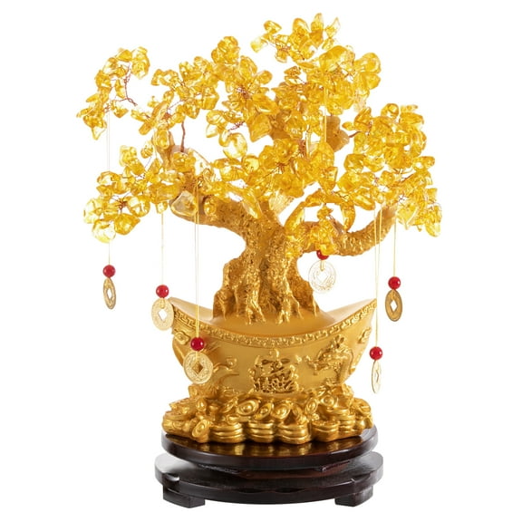 11" Feng Shui Money Tree Tabletop Ornament Crystal Yellow Quartz Citrine Lucky Tree, Chinese Copper Coin String Decoration for Wealth/Fortune and Luck