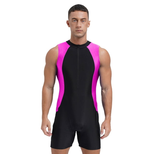 Jizyo Men's One Piece Swimsuit Bathing Training Suit Sleeveless Swim Bodysuit Rash Guard Wetsuit Rose XL
