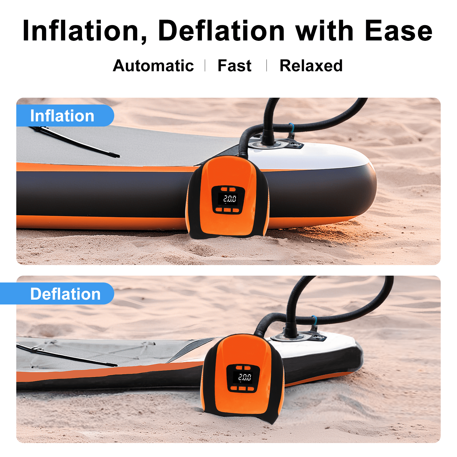 Paddle Board Pump, VACHAN SPORTS Electric Portable SUP Pump for Paddleboard - 20PSI Air Compressor with Auto-Off, Deflation Function and 12V DC Car Connector for Inflatables, Kayaks and Boats