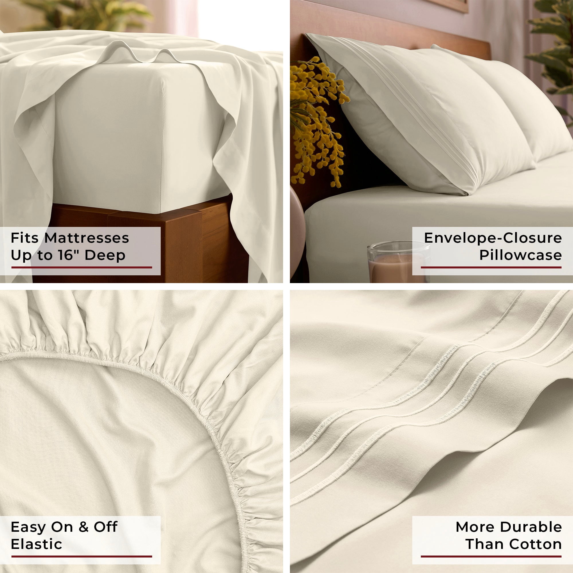 Mellanni 4-Piece Iconic Queen Bedsheet Set - Microfiber, 16" Deep Pocket, Cooling, Wrinkle, Fade, Stain Resistant, Golden Ivory